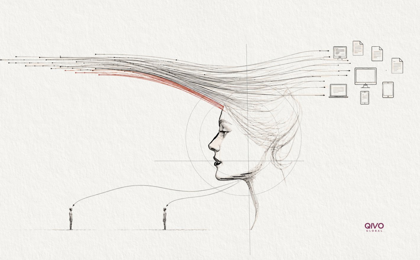 Pencil sketch of a woman's profile whose hair streams into lines of documents and devices, with two small figures below looking up at her.