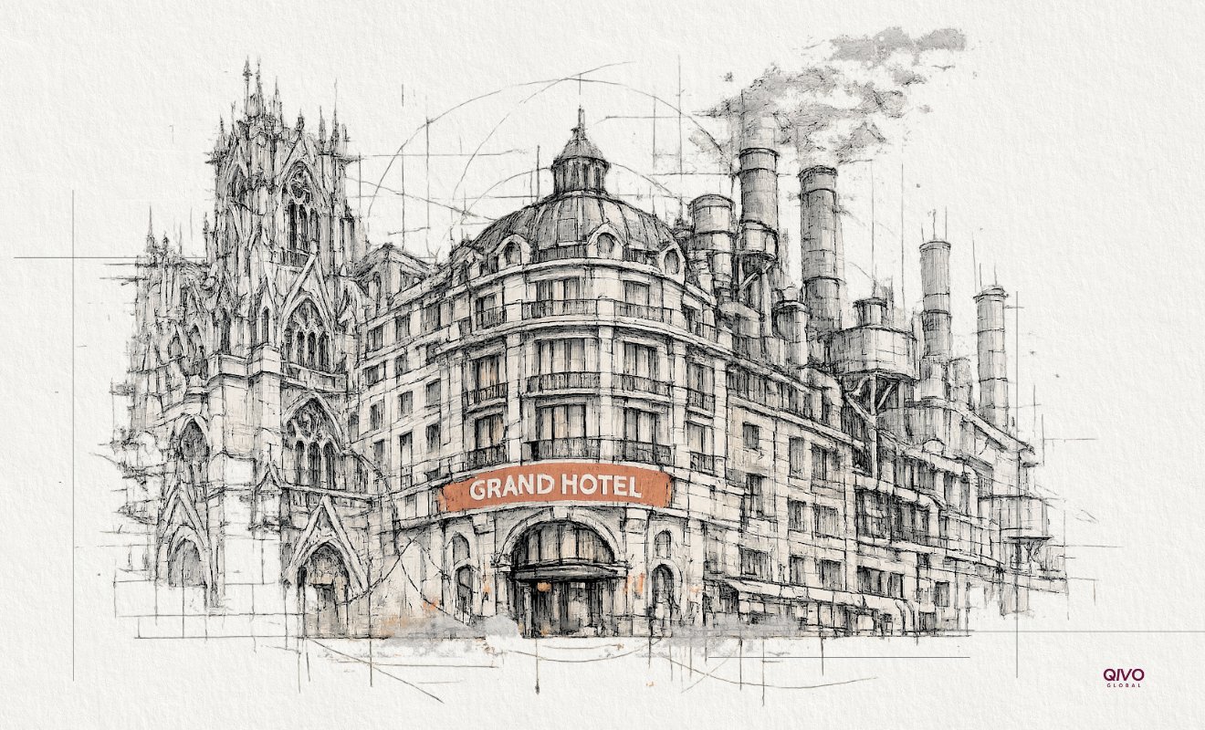 Pencil sketch of one building that is part cathedral, part Grand Hotel and part factory with smoking chimneys.